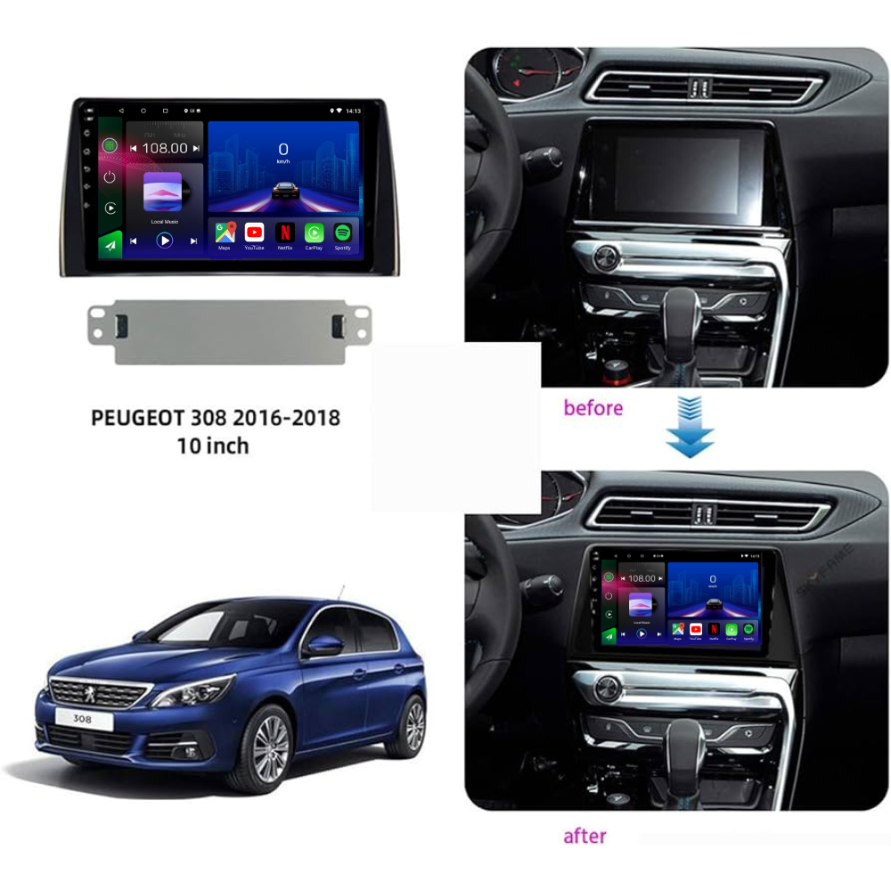 Autoradio Movyro pour Peugeot 308 2016-2018 avec Android 15, Apple CarPlay et Android Auto, affichage de l'écran.