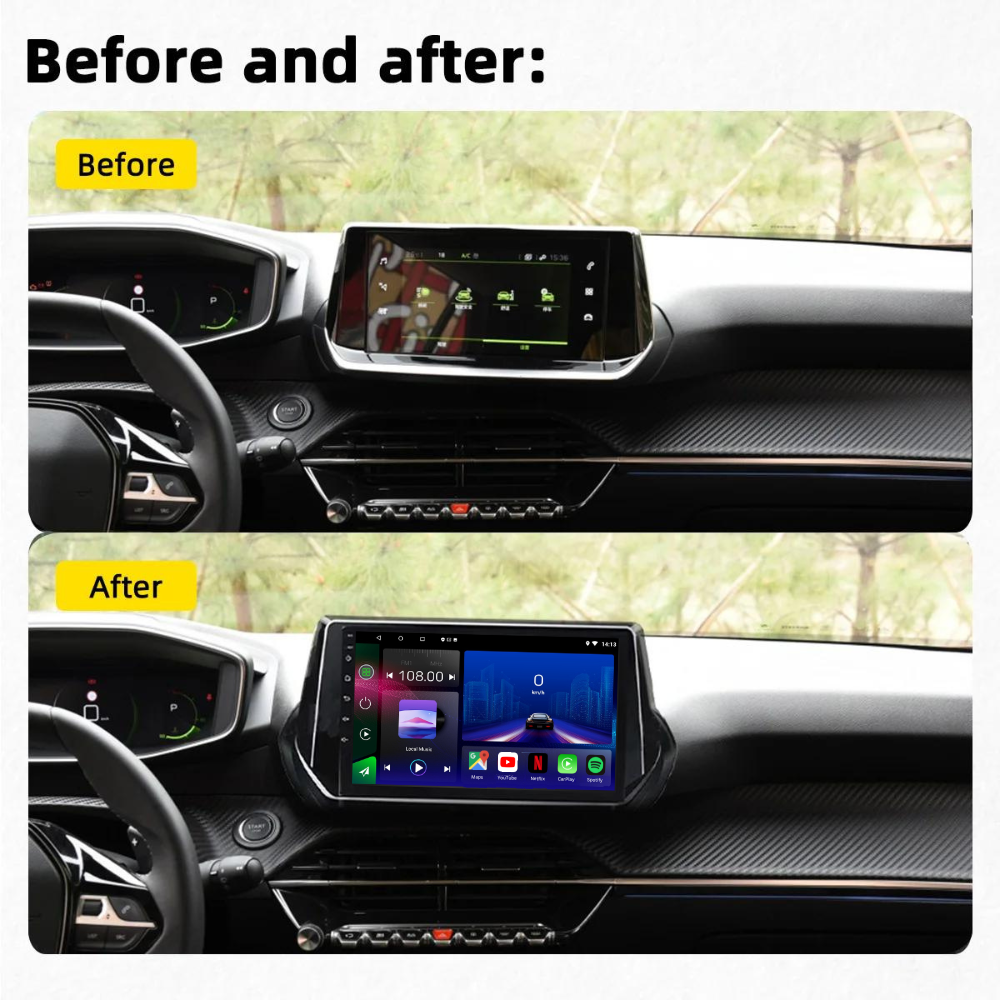 Autoradio Movyro pour Peugeot 2008 P24 et 208 P21 2019+, écran Android 15 avec Apple CarPlay et Android Auto.
