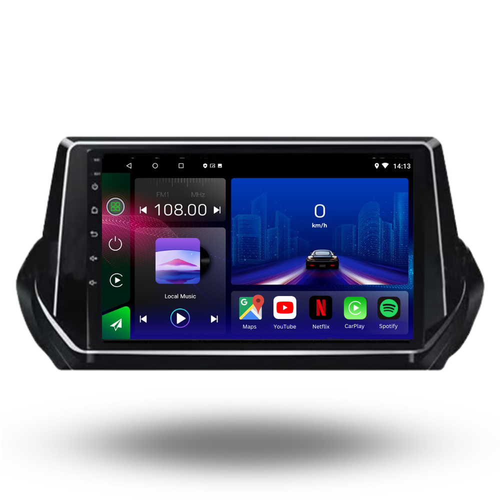 Autoradio Movyro pour Peugeot 2008 P24 et 208 P21 2019+ avec Android Auto et Apple CarPlay, affichage tactile moderne.