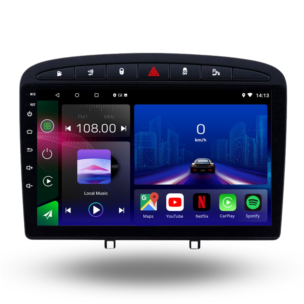 Autoradio Movyro Android 15 pour Peugeot 308SW 2007-2013, compatible Apple CarPlay et Android Auto, affichage moderne.