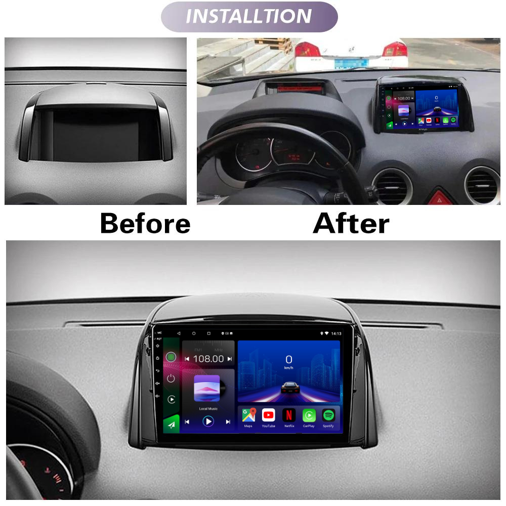 Movyro Renault Koleos 2007-2016 Android 15 Autoradio with Apple CarPlay and Android Auto interface, installed in a vehicle dashboard.