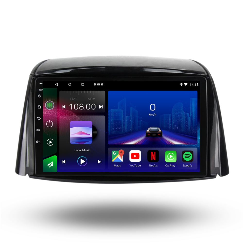 Movyro Android 15 autoradio for Renault Koleos 2007-2016 with Apple CarPlay and Android Auto, installed in a vehicle dashboard.