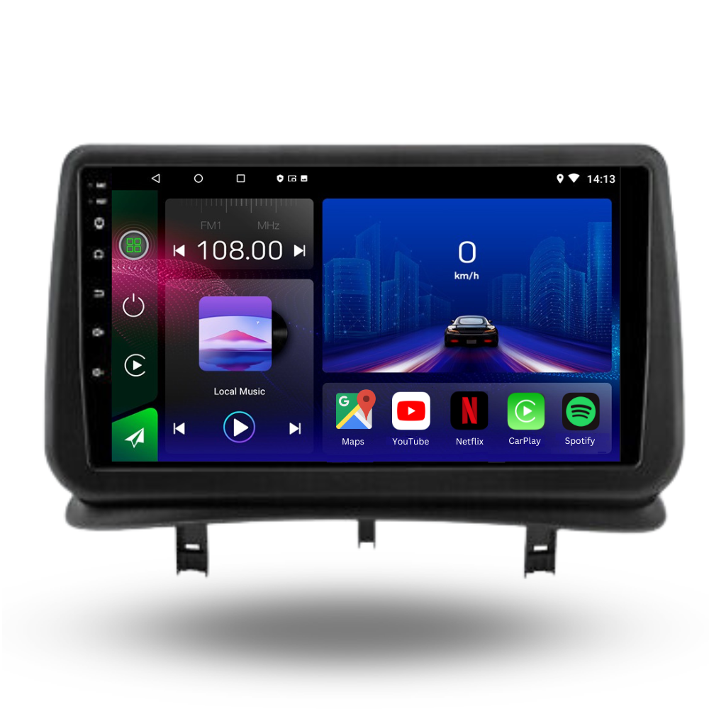 Movyro Renault Clio 3 2005-2014 Android 15 autoradio with Apple CarPlay and Android Auto display in the dashboard.
