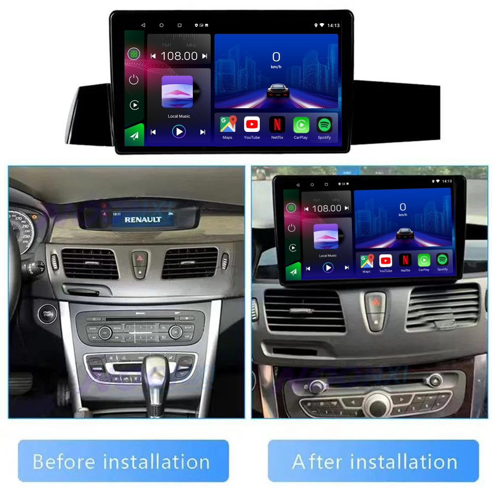 Movyro Android 15 Autoradio with Apple CarPlay and Android Auto installed in Renault Latitude and Laguna 3 (2008-2015).