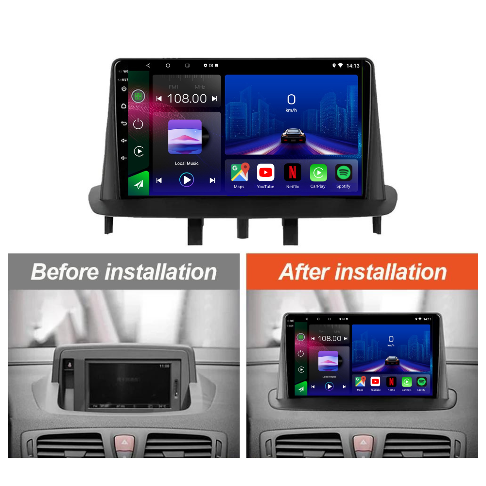 Movyro Android 15 autoradio installed in Renault Megane 3 and Renault Fluence 2009-2015, featuring Apple CarPlay and Android Auto.