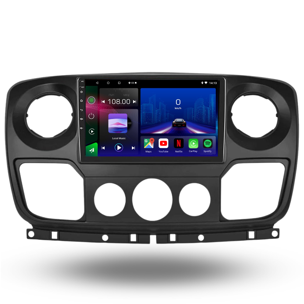 Movyro Android 15 autoradio installed in a Renault Master, Opel Movano, or Nissan NV400 van, with Apple CarPlay and Android Auto features.