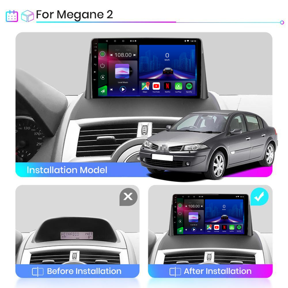 Autoradio Movyro Android 15 pour Renault Megane 2 2002-2009 avec Apple CarPlay et Android Auto, affichage écran tactile.