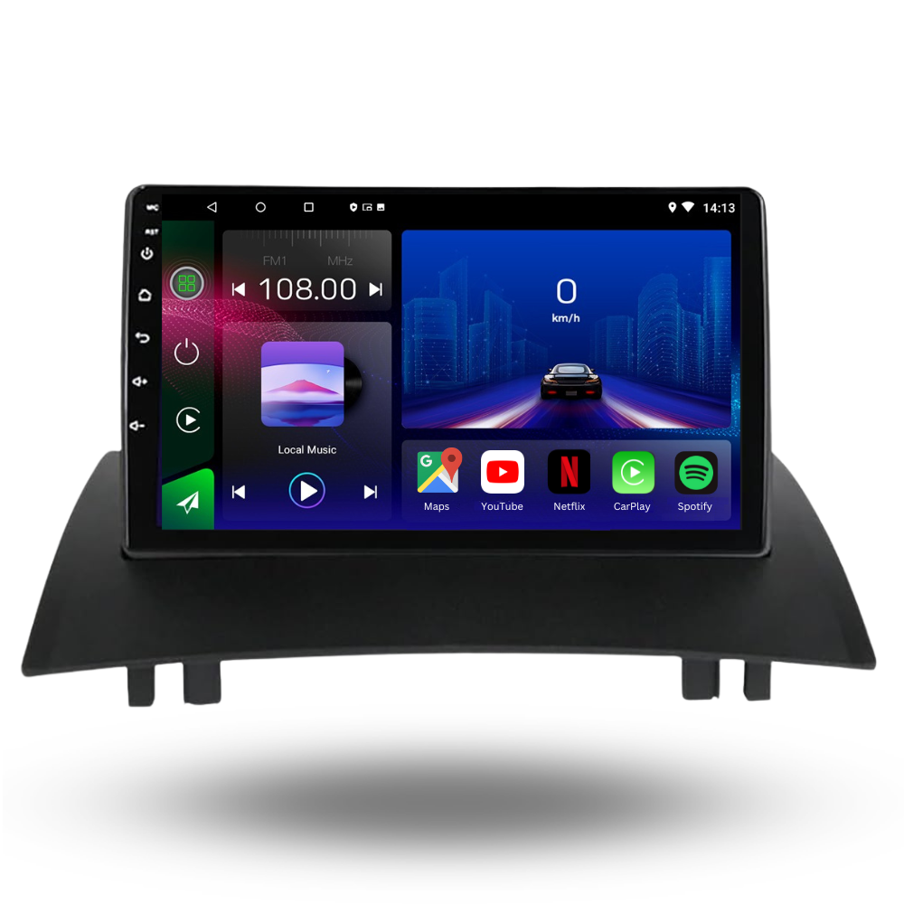 Autoradio Movyro pour Renault Megane 2 2002-2009 avec Android 15, Apple CarPlay et Android Auto, affichage de l'écran.
