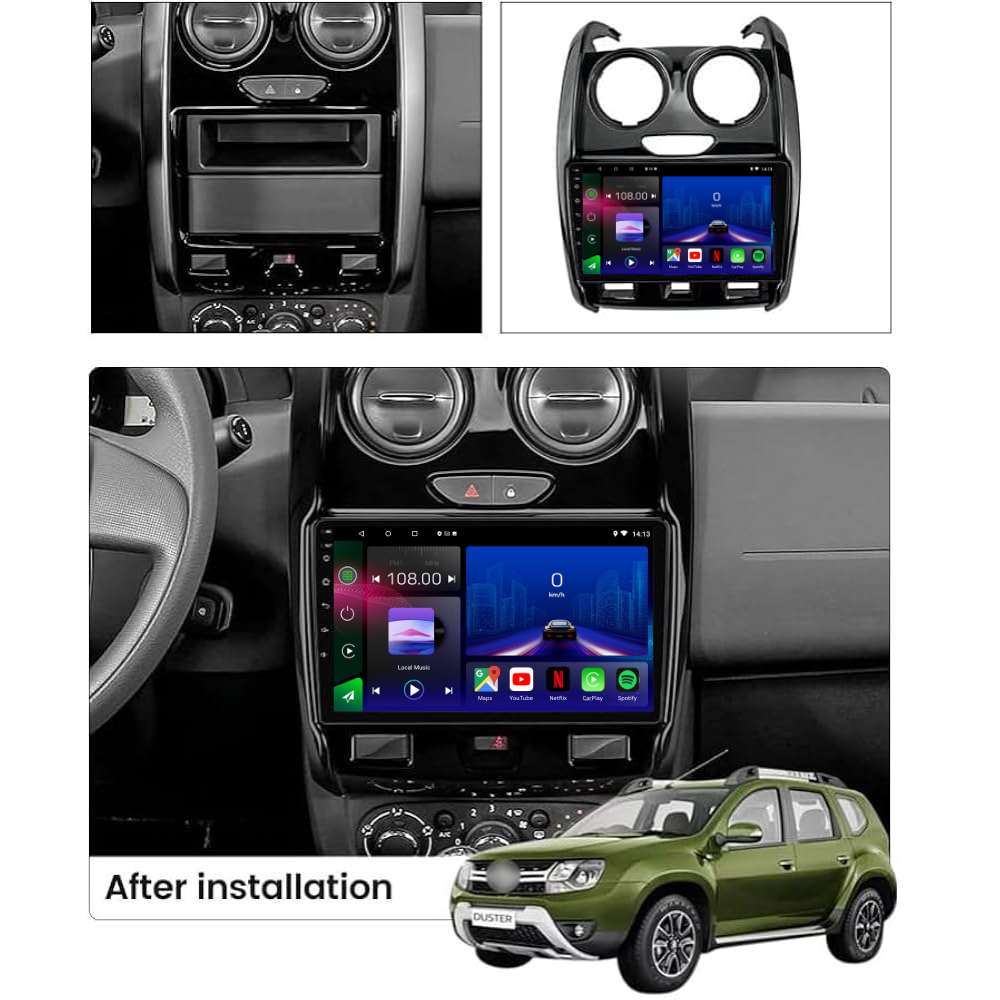Autoradio Movyro pour Dacia Duster 2015-2018 avec Android 15, Apple CarPlay et Android Auto, affichage de l'écran.