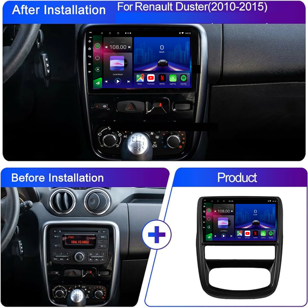 Movyro Android 15 autoradio for Dacia Duster 2010-2015 with Apple CarPlay and Android Auto, shown in a vehicle dashboard image