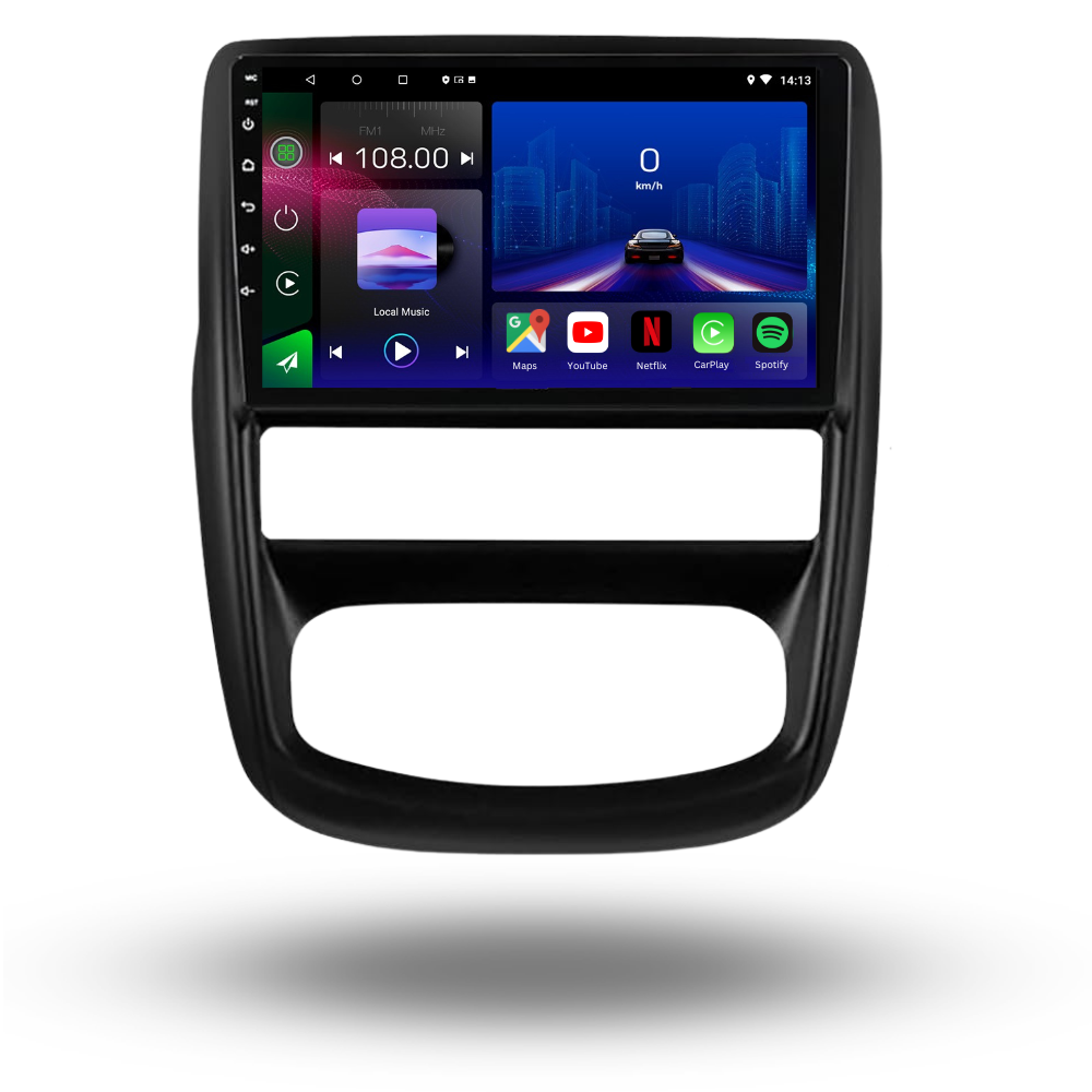 Movyro Android 15 Autoradio for Dacia Duster 2010-2015 with Apple CarPlay and Android Auto, installed in a vehicle dashboard.