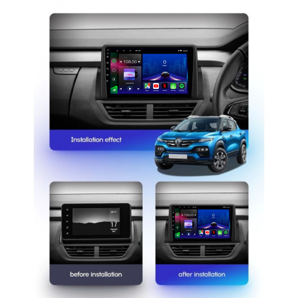Movyro Android 15 autoradio installed in a Renault Kiger, supports Apple CarPlay and Android Auto for seamless smartphone integration.