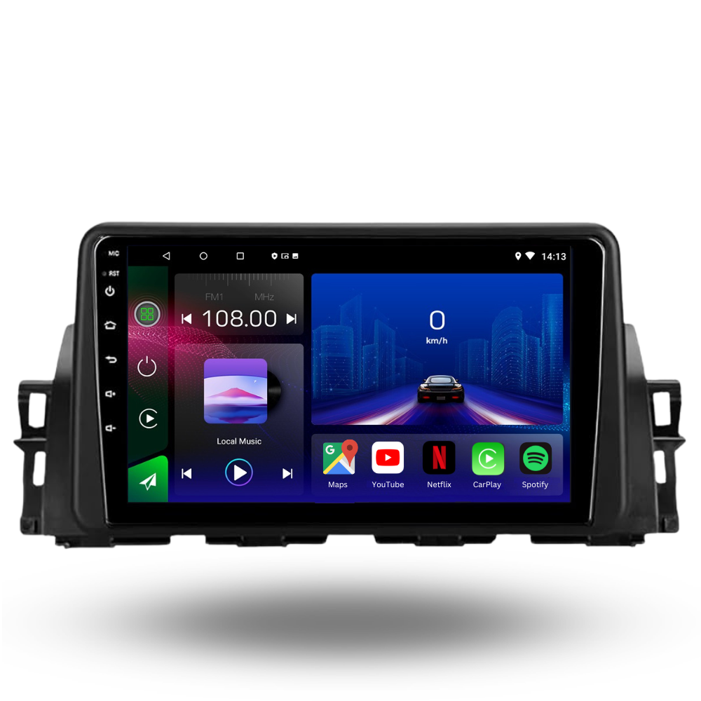 Movyro Renault Kiger 2021+ autoradio with Android 15, Apple CarPlay, and Android Auto display in a modern car interior.