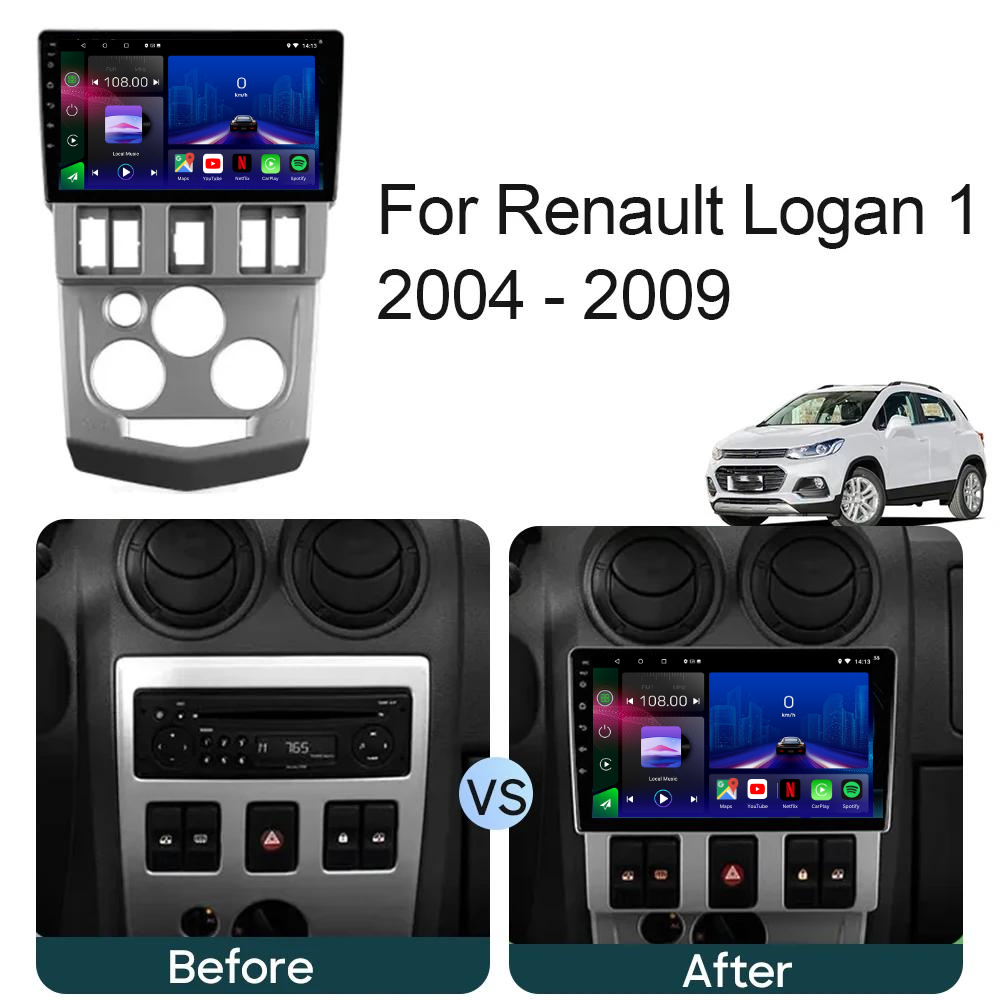 Movyro Android 15 Autoradio with Apple CarPlay and Android Auto installed in a Dacia Logan 2004-2009.