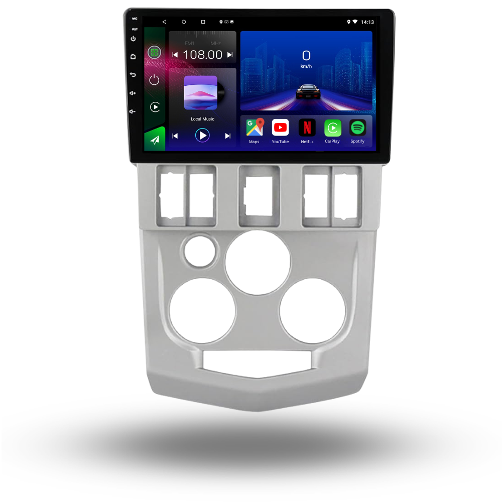 Movyro Dacia Logan 2004-2009 autoradio with Android 15, Apple CarPlay, and Android Auto interface, shown on a vehicle dashboard.