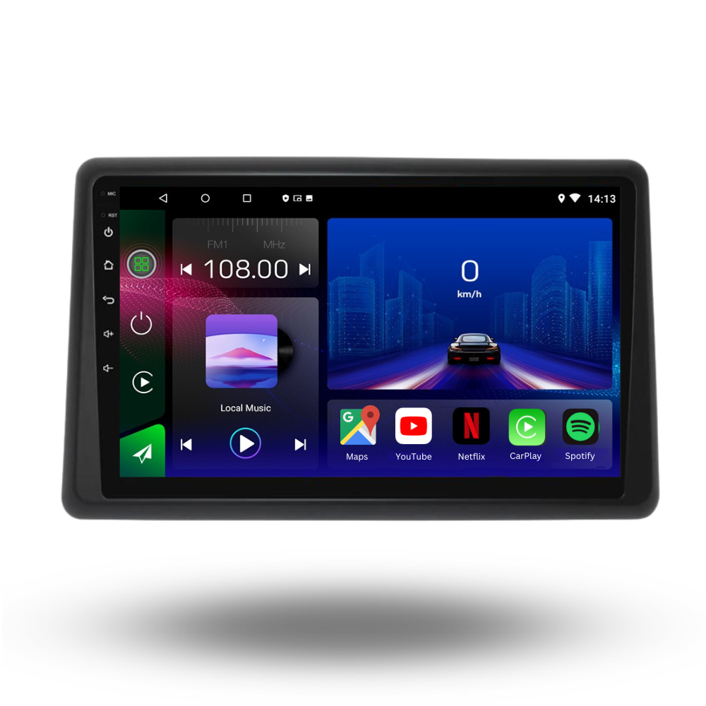 Movyro Renault Express 2021-Present autoradio with Android 15, Apple CarPlay, and Android Auto, installed in a vehicle dashboard.