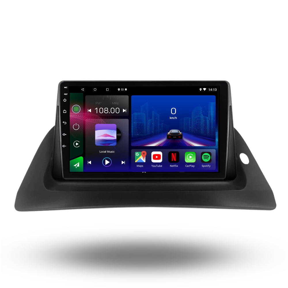 Autoradio Movyro Android 15 pour Renault Kangoo 2009-2018 avec Apple CarPlay et Android Auto, affichage numérique.