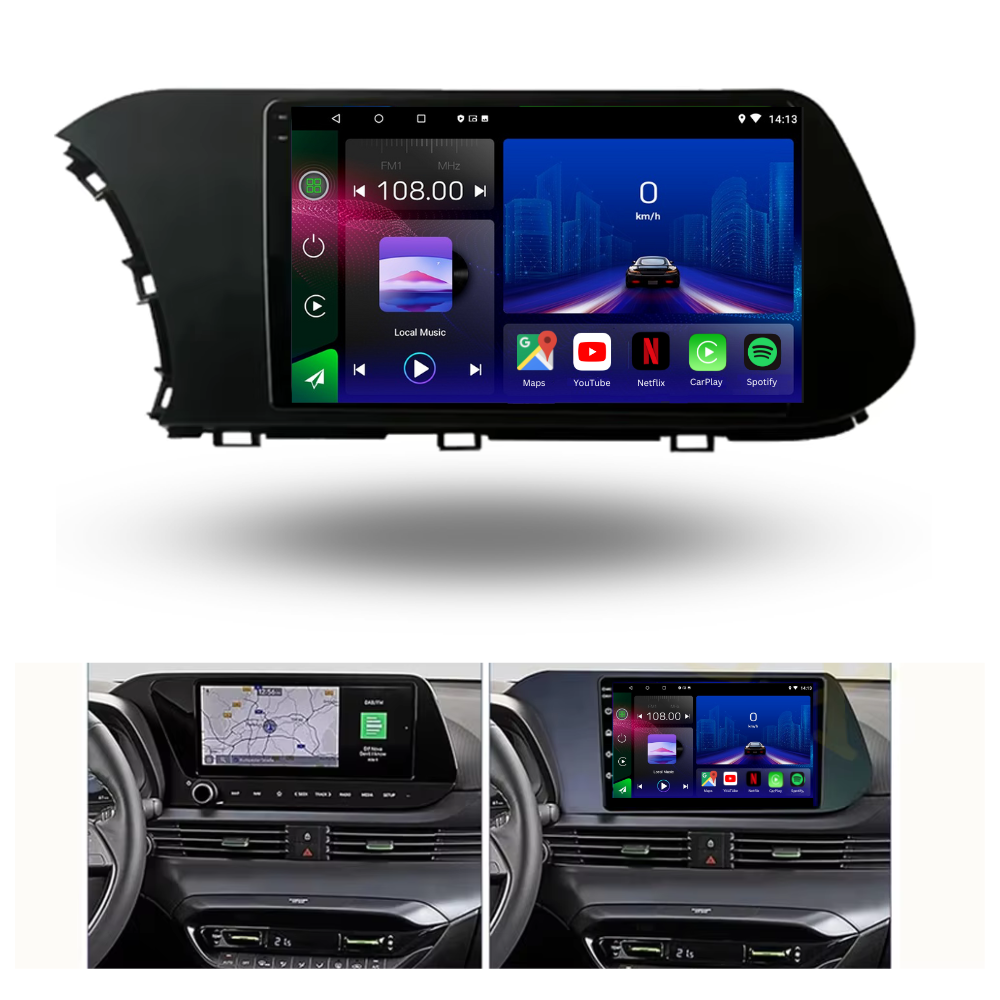 Movyro Hyundai i20 2020-2024 Android 15 autoradio with Apple CarPlay and Android Auto, installed in the dashboard.