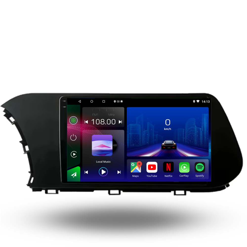 Movyro Hyundai i20 2020-2024 autoradio with Android 15, Apple CarPlay, and Android Auto display in a sleek dashboard setup.