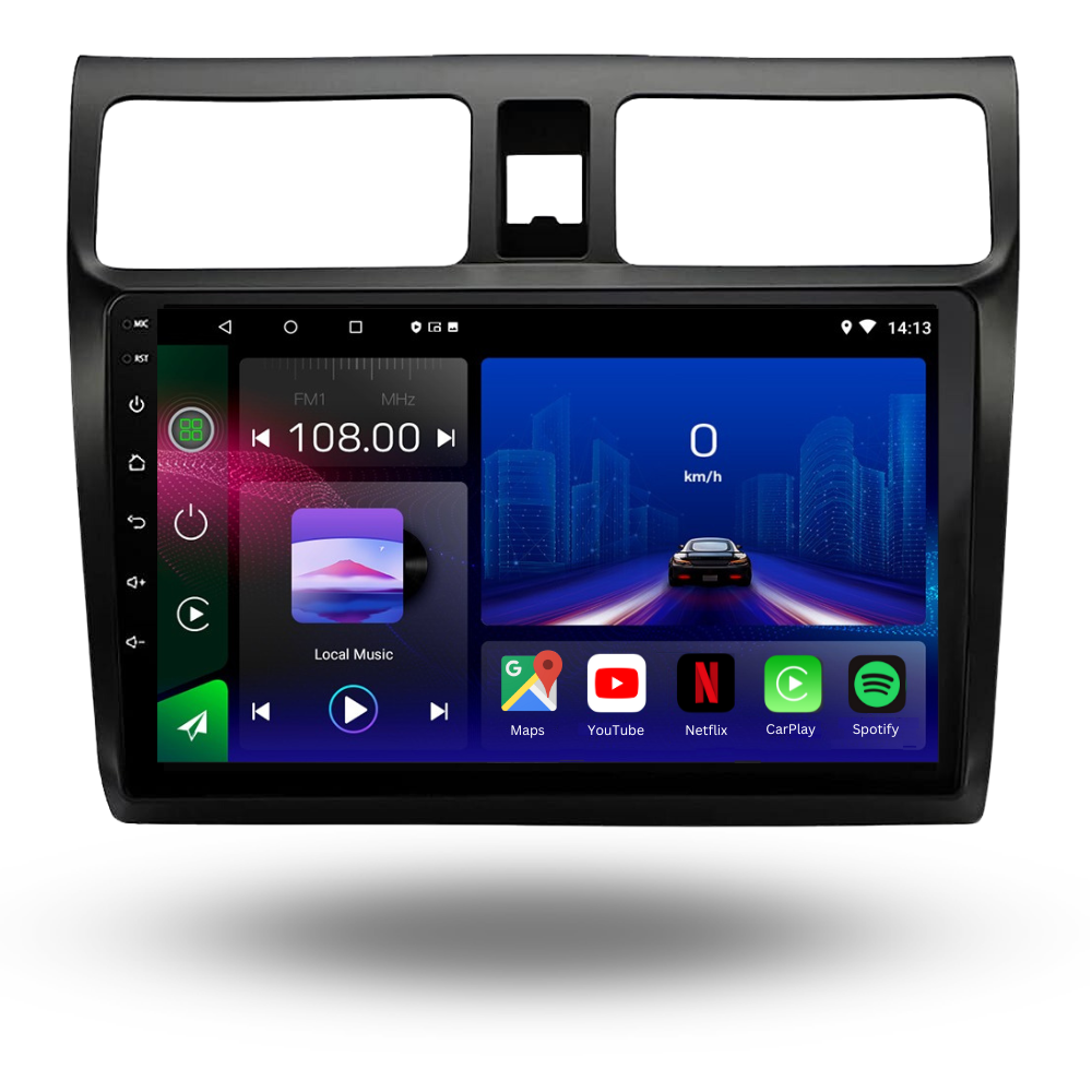 Autoradio Movyro Android 15 pour Suzuki Swift 2003-2010 avec Apple CarPlay et Android Auto, affiché sur écran numérique.