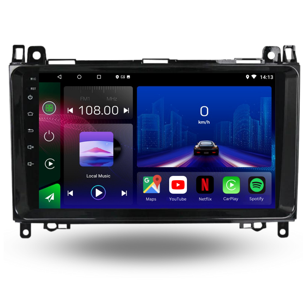 Autoradio Movyro compatible Mercedes Sprinter, VW Crafter avec Android 15, Apple CarPlay et Android Auto, affichage clair.