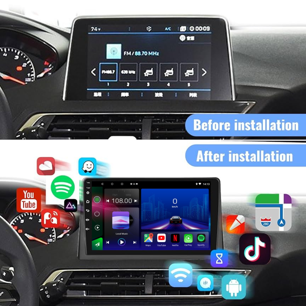 Autoradio Movyro pour Peugeot 3008, 4008, 5008 2017-2022 avec Android 15, Apple CarPlay et Android Auto, affichage clair.