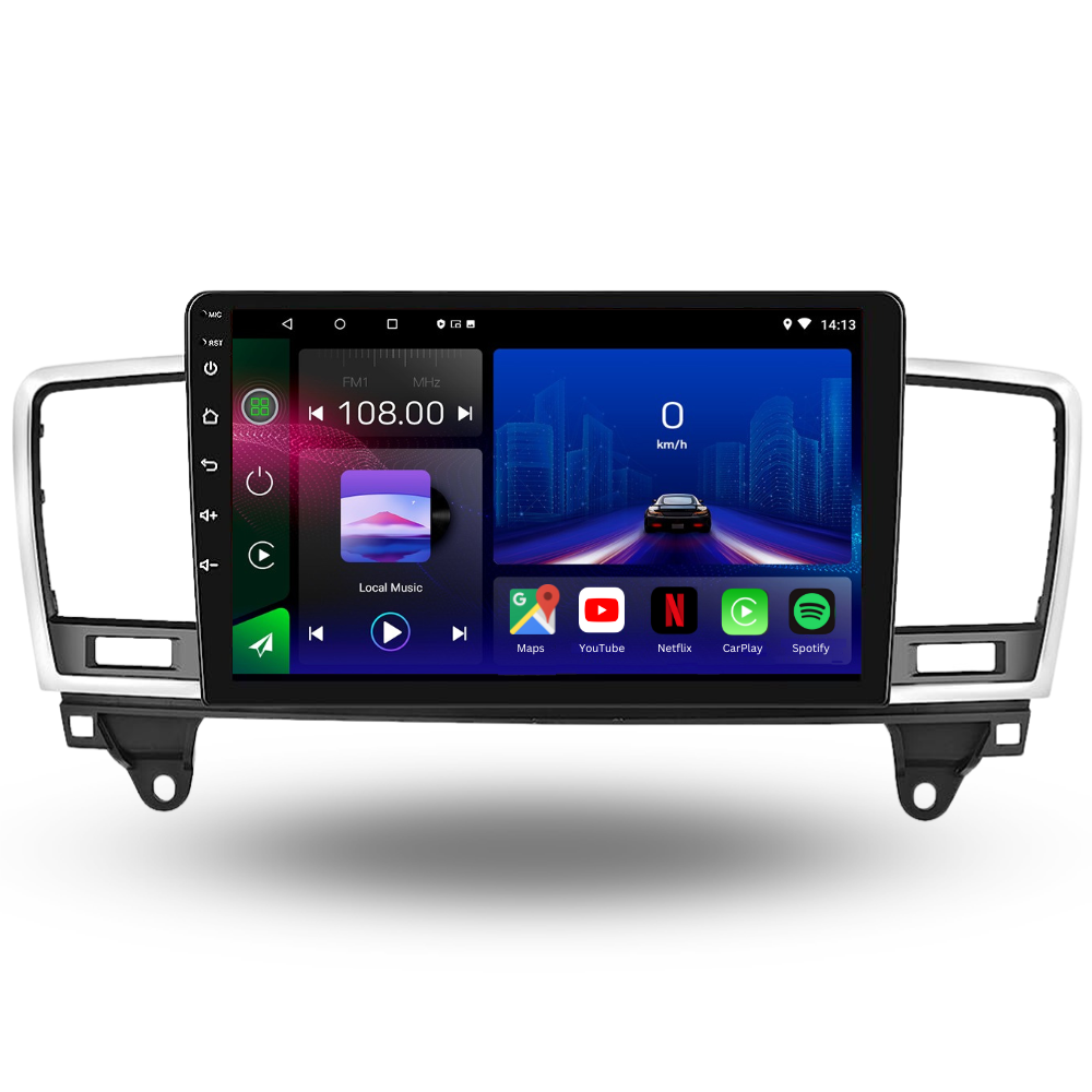 Autoradio Movyro Mercedes ML GL 2012-2016 avec écran Android 15, Apple CarPlay et Android Auto, affichant l'écran du système multimédia.