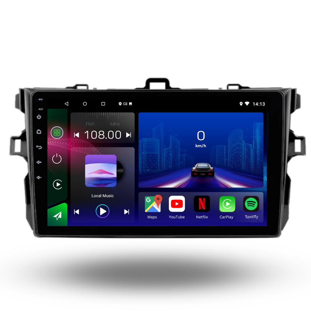Image of a BMW X1 2009-2015 dashboard display featuring a Movyro Android 15 autoradio with Apple CarPlay and Android Auto support.