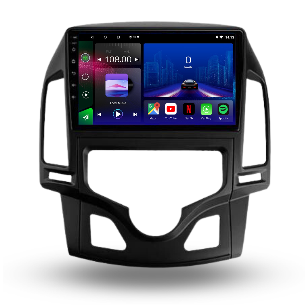 Autoradio Movyro Hyundai i30 2008-2012 avec Android 15, Apple CarPlay et Android Auto, affiché sur écran numérique.