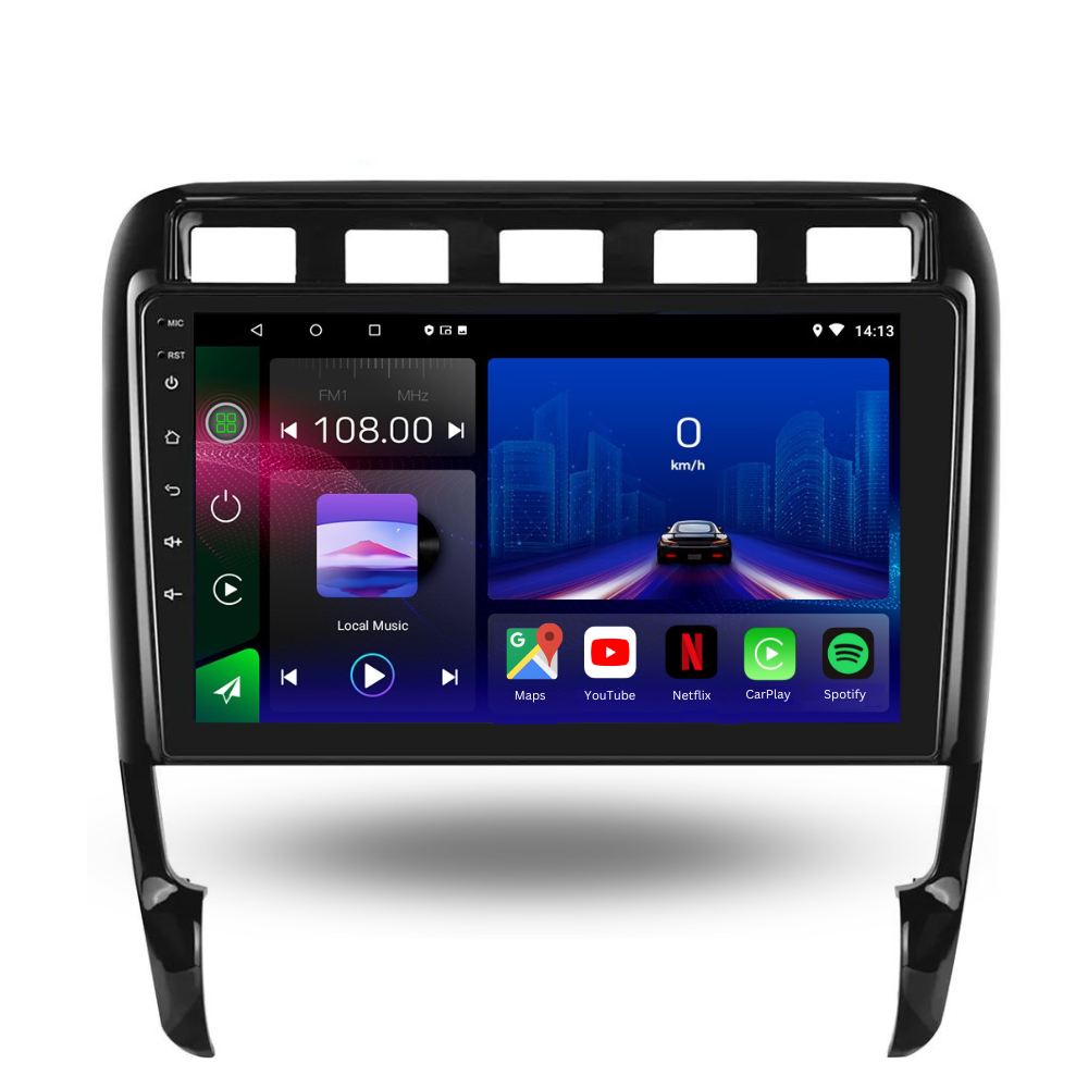 Autoradio Movyro Porsche Cayenne 2003-2010 avec Android 15, Apple CarPlay et Android Auto, affiché à l'écran.
