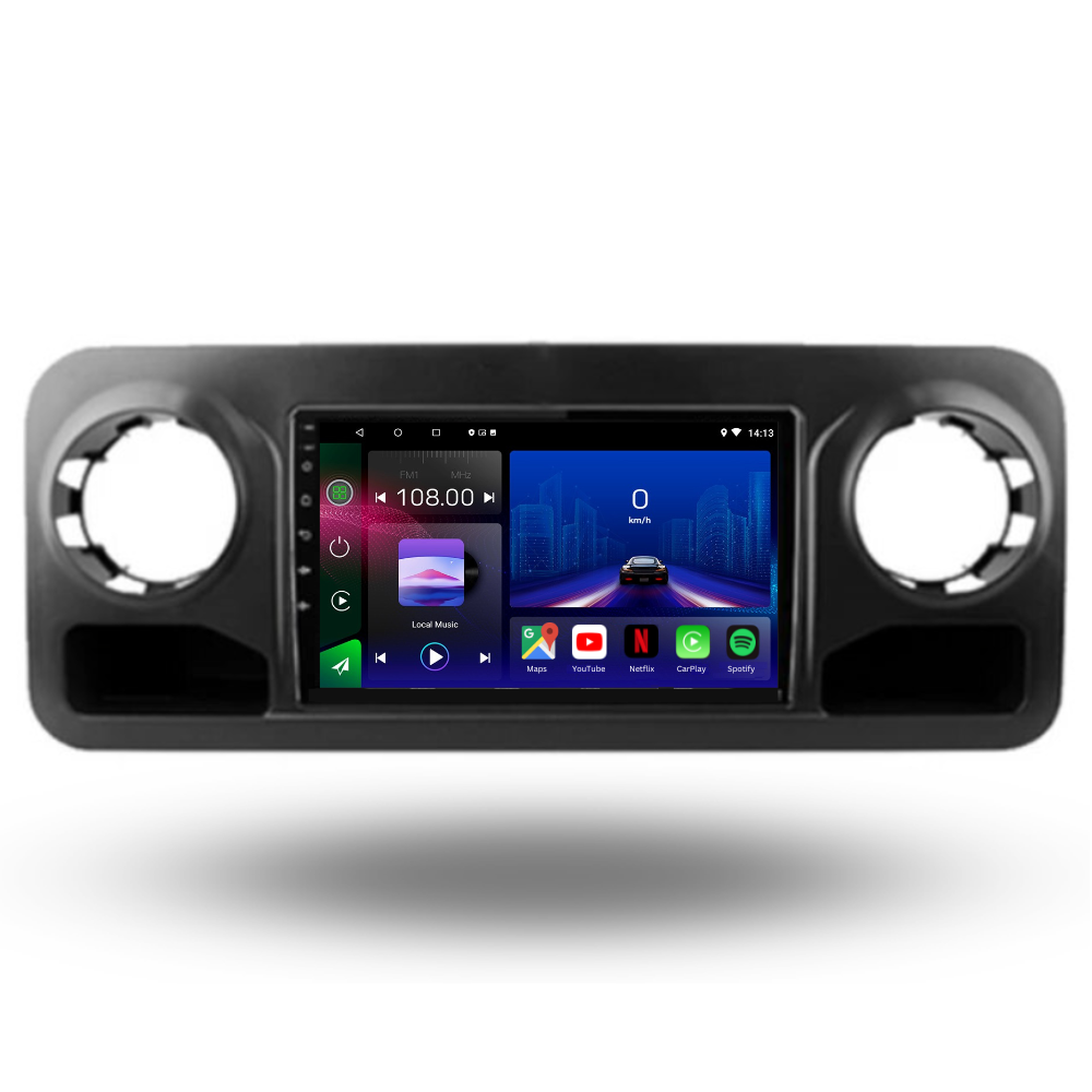 Autoradio Movyro pour Mercedes Sprinter 2018-2024 avec Android 15, Apple CarPlay et Android Auto installé dans un véhicule.