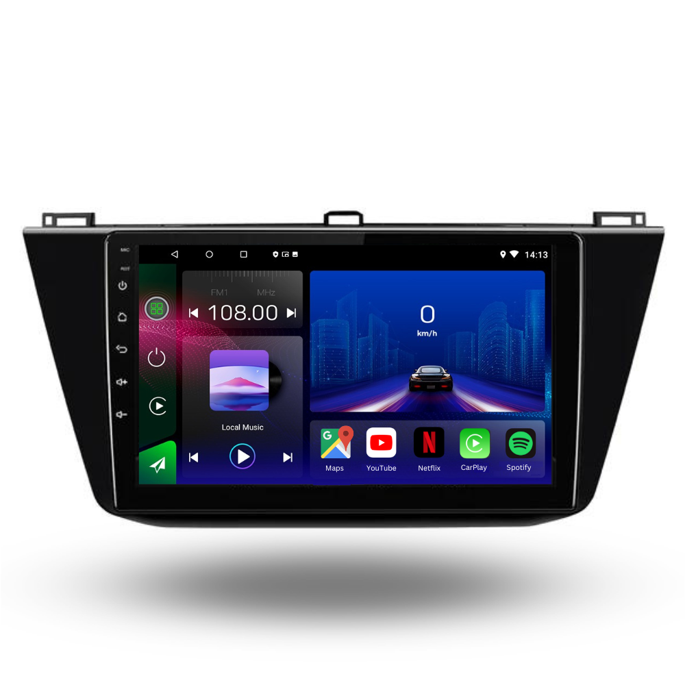 Autoradio Movyro pour Volkswagen Tiguan 2016-2023 avec Android 15, Apple CarPlay et Android Auto, affiché sur un tableau de bord.