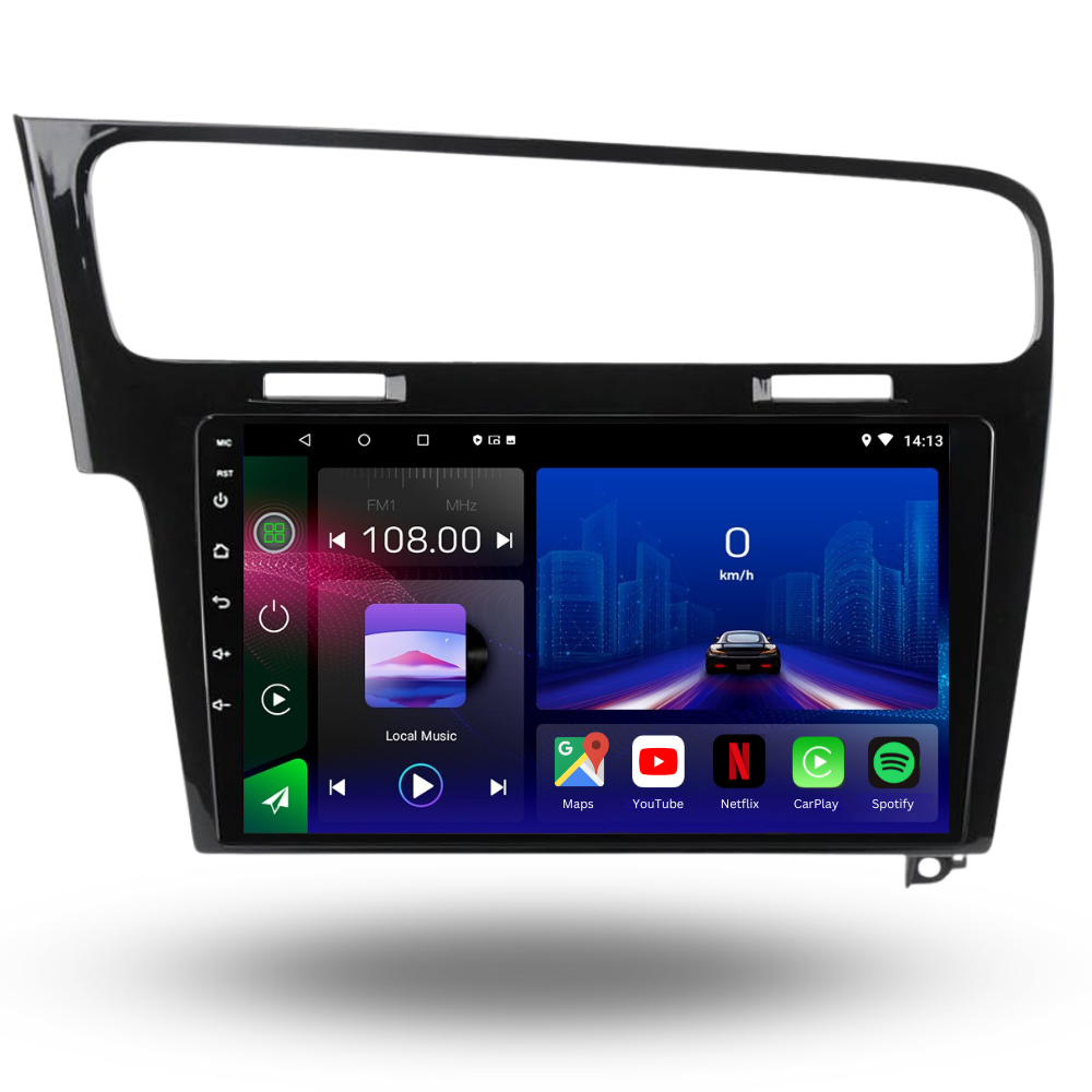 Autoradio Movyro pour Volkswagen Golf MK7 2013-2019 avec Android 15, Apple CarPlay et Android Auto, écran tactile moderne.