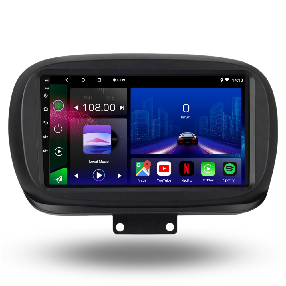 Movyro Android 15 autoradio for FIAT 500X 2014-2019 with Apple CarPlay and Android Auto, installed in a vehicle dashboard.