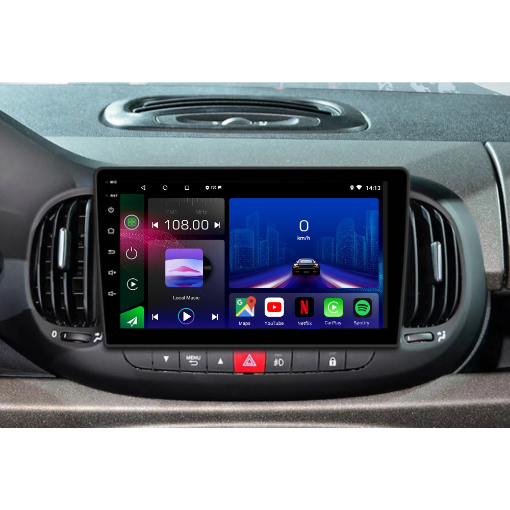 Autoradio Movyro pour FIAT 500L 2012-2019 avec Android 15, Apple CarPlay et Android Auto, affichage de l'écran du tableau de bord.