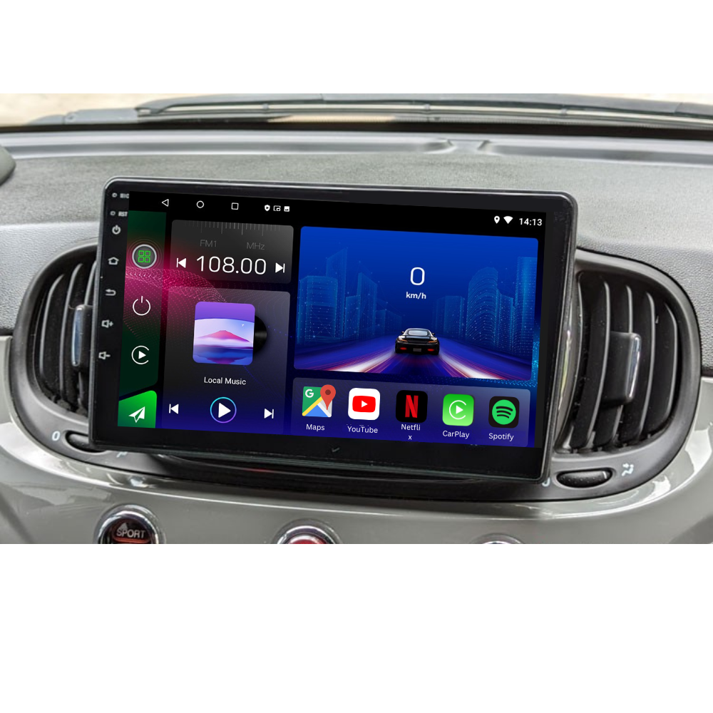 Movyro Android 15 autoradio compatible with Fiat 500 and 500C (2015-2020), featuring Apple CarPlay and Android Auto connectivity.