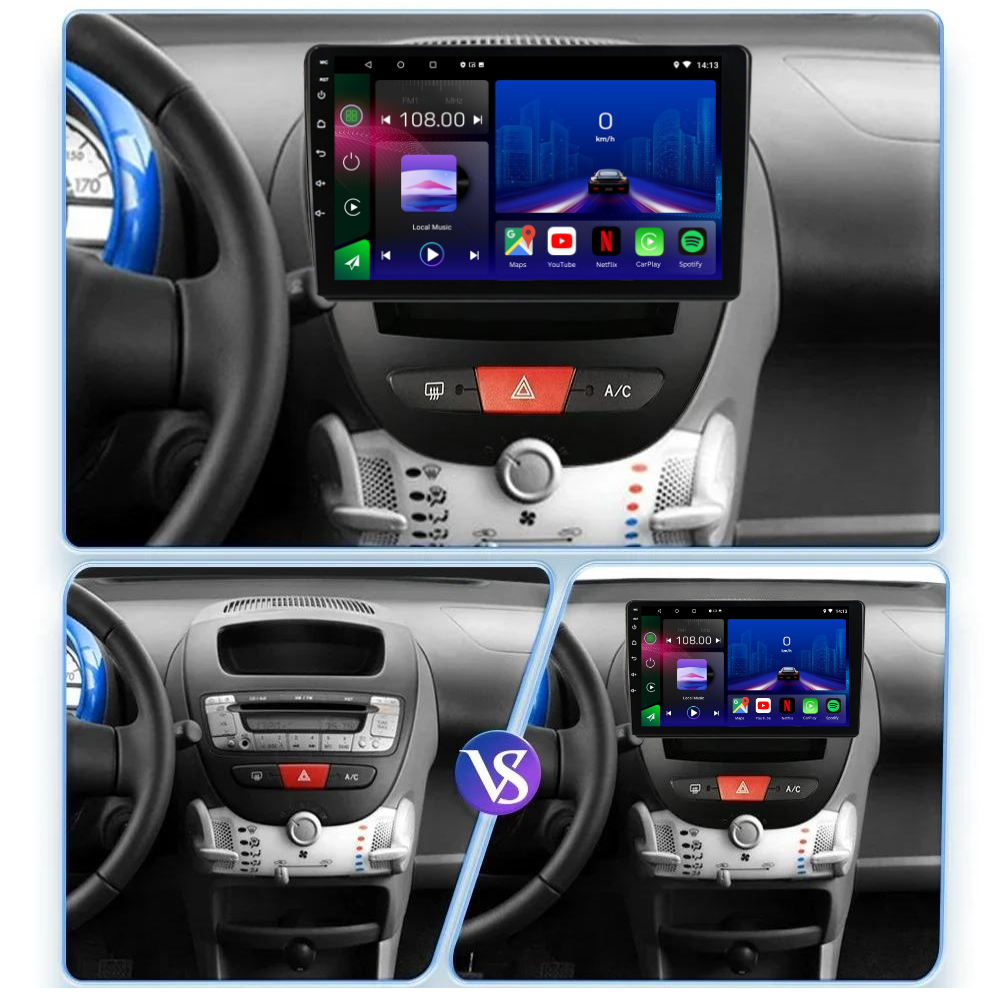 Autoradio Movyro pour Citroen C1, Peugeot 107, Toyota Aygo 2005-2014 avec Apple CarPlay et Android Auto, affichage numérique.