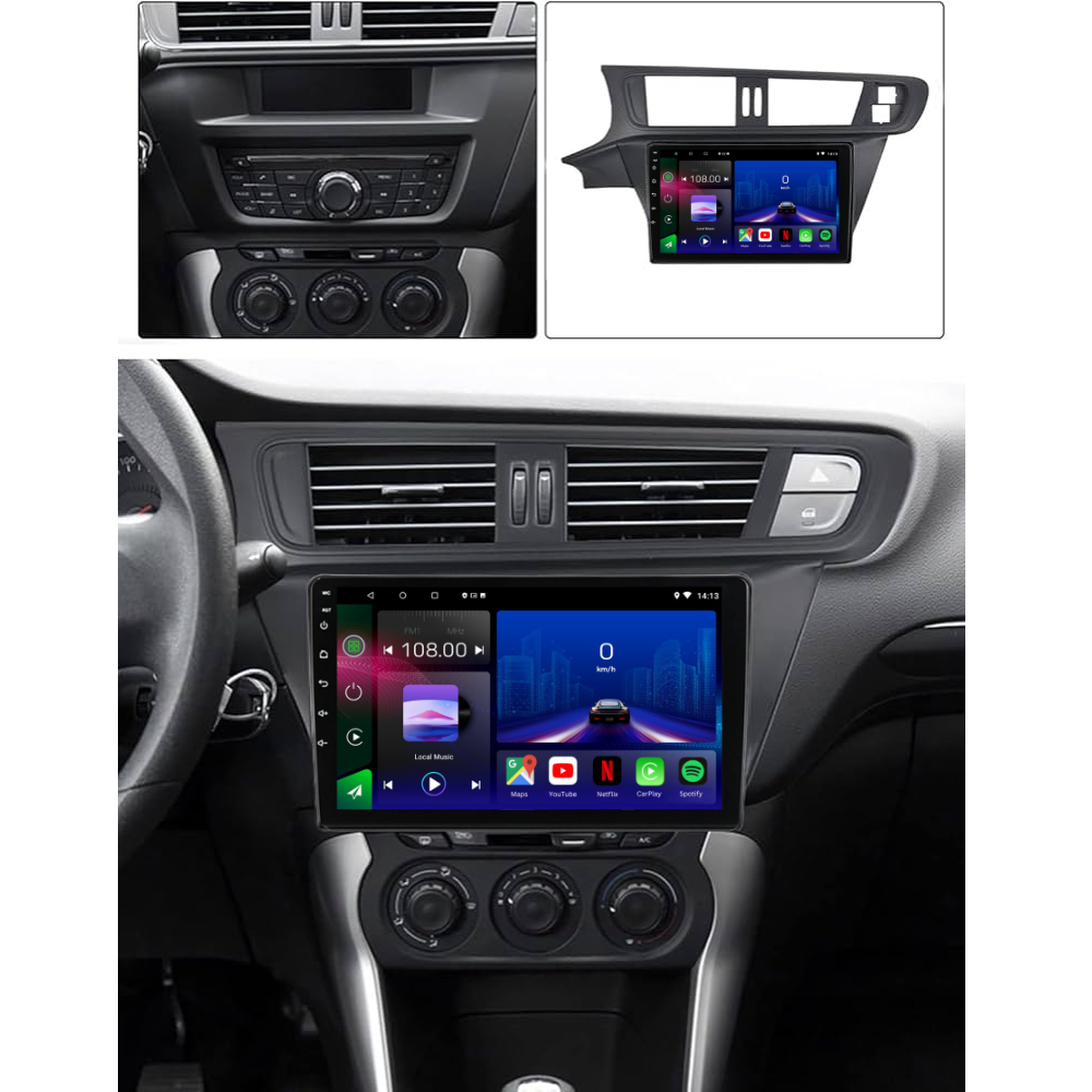 Movyro Android 15 Autoradio for Citroen C3-XR 2010-2015, featuring Apple CarPlay and Android Auto connectivity.