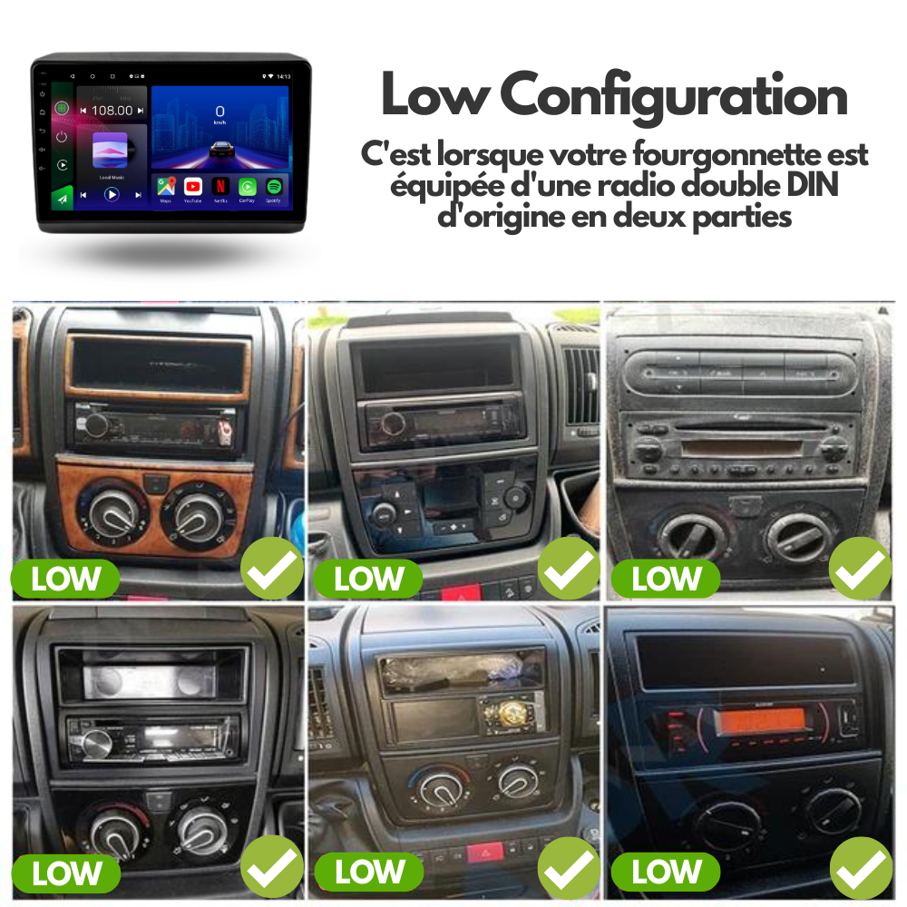 Automotive autoradio for Fiat Ducato, Peugeot Boxer, Citroen Relay, 2006-2022, Android 15 with Apple CarPlay and Android Auto features.
