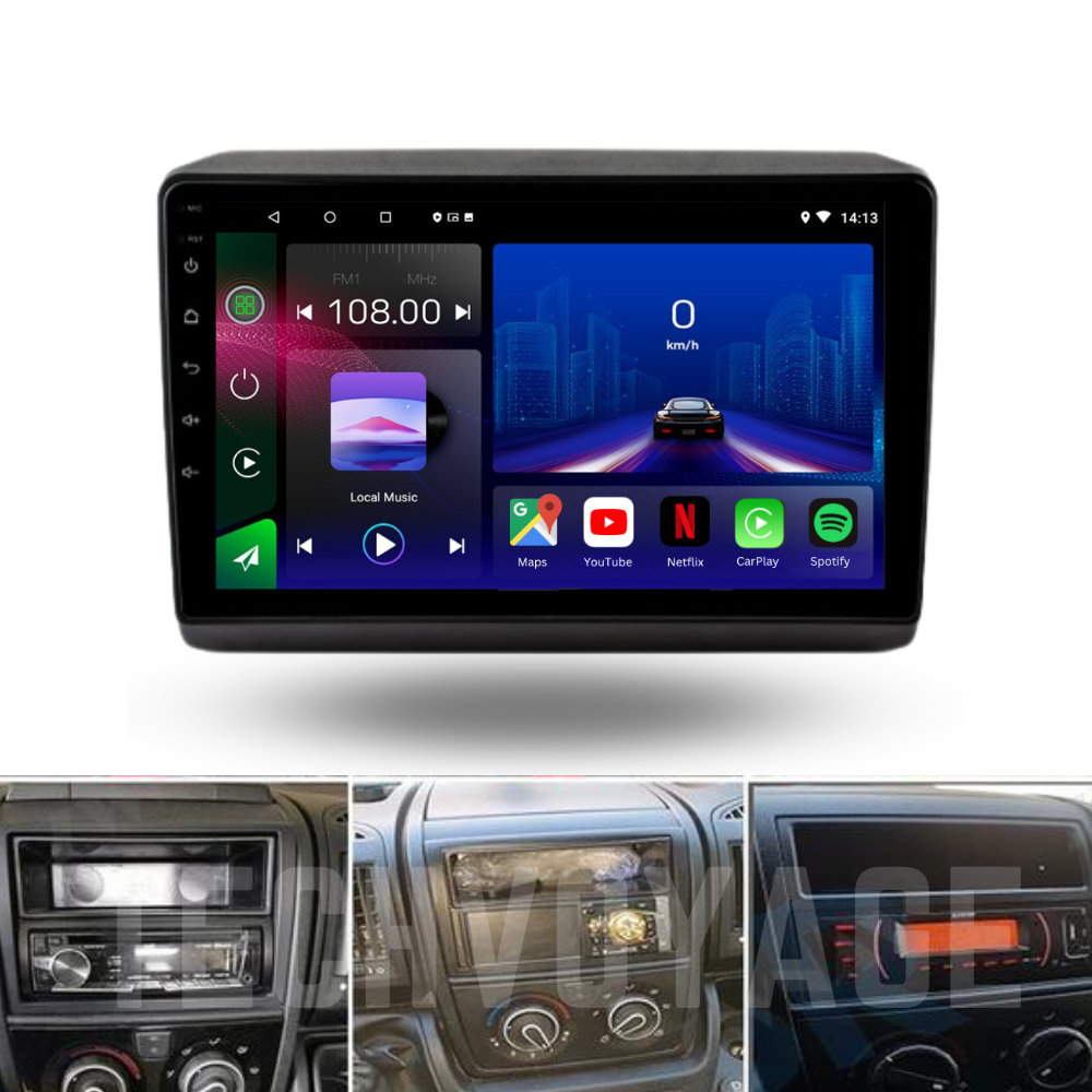 Movyro Android 15 autoradio for Fiat Ducato, Peugeot Boxer, Citroen Relay Jumper 2006-2022 with Apple CarPlay and Android Auto features.