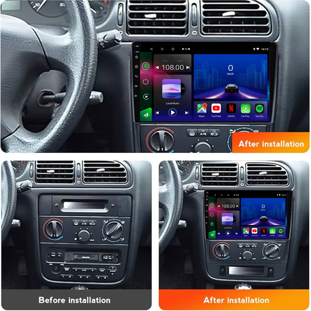 Autoradio Movyro Android 15 pour Peugeot 406 1999-2004 avec Apple CarPlay et Android Auto, affichage du tableau de bord.