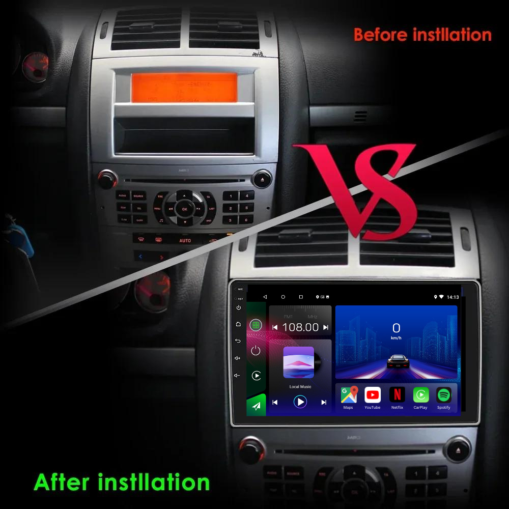 Autoradio Movyro Android 15 pour Peugeot 407 2004-2010 avec Apple CarPlay et Android Auto, affiché dans un véhicule.