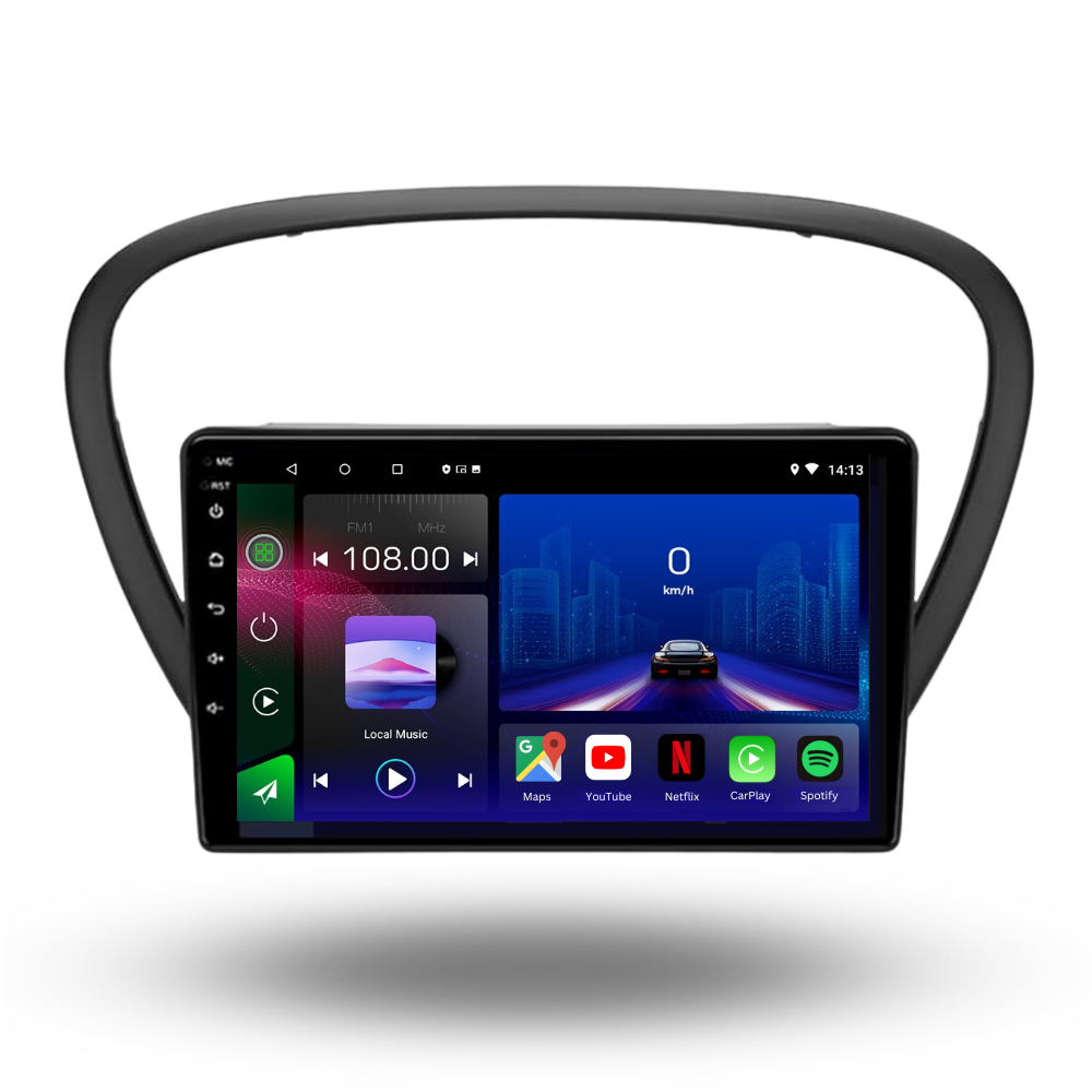 Autoradio Movyro Peugeot 607 2004-2010 avec écran Android 15, Apple CarPlay et Android Auto, vue de l'écran du système.