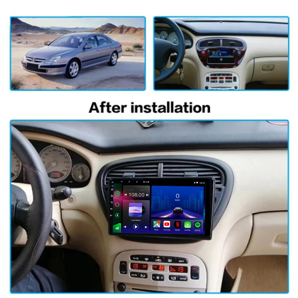 Autoradio Movyro Peugeot 607 2004-2010 avec Android 15, Apple CarPlay et Android Auto, affichage numérique.