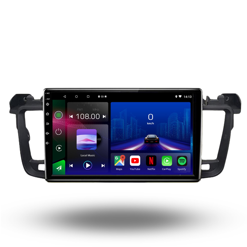 Autoradio Movyro pour Peugeot 508/508SW 2011-2018 avec Android 15, Apple CarPlay et Android Auto, installé dans une voiture.