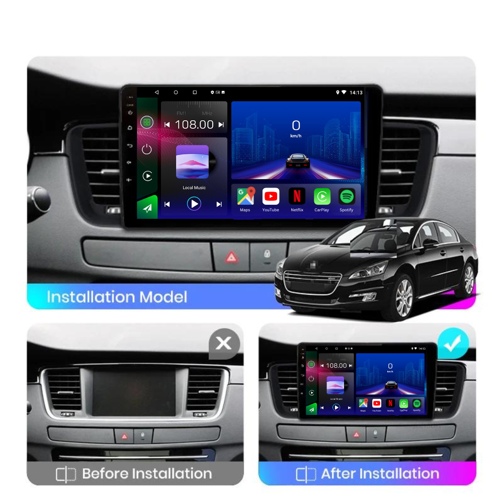 Autoradio Movyro pour Peugeot 508/508SW 2011-2018 avec Android 15, Apple CarPlay et Android Auto, affiché sur un écran moderne.