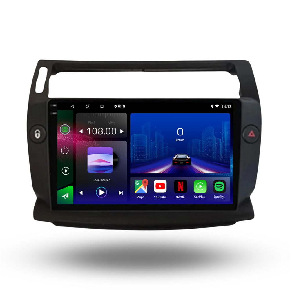 Movyro Android 15 autoradio for Citroen C4 C-Triomphe C-Quatre 2004-2009, black with Apple CarPlay and Android Auto features