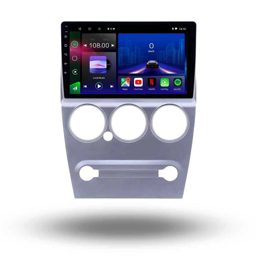 Movyro Citroen C-Elysee 2008-2013 Android 15 autoradio with Apple CarPlay and Android Auto, black and silver display.