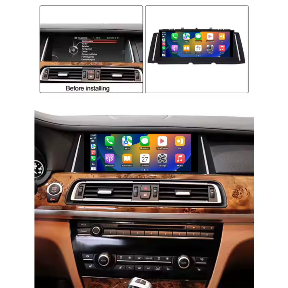 BMW 7 Series F01 F02 2008-2015 car stereo with Android Auto and CarPlay by Movyro, featuring CIC NBT system and touchscreen display.