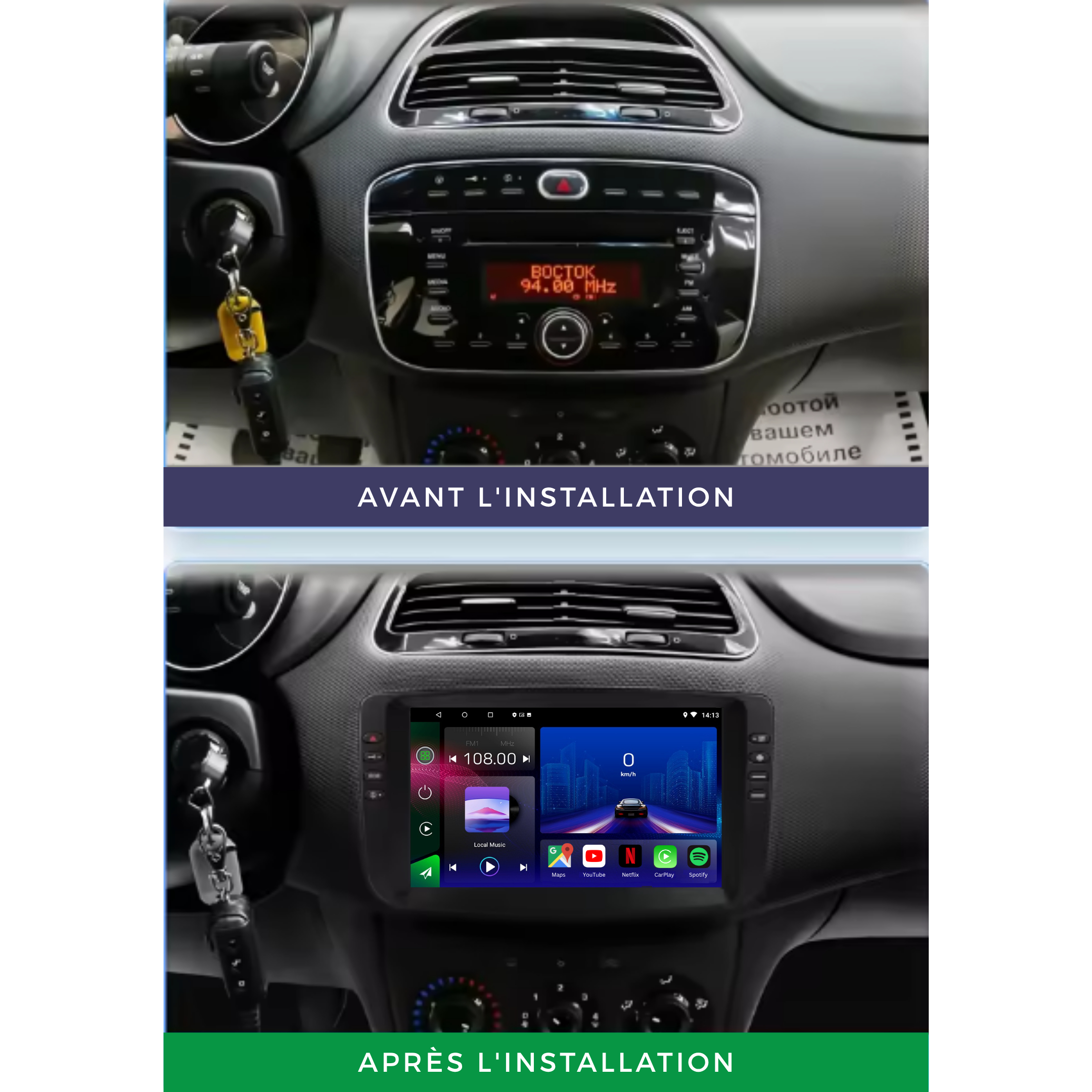 Movyro Android 15 autoradio installed in Fiat Linea and Punto Evo 2010-2015, featuring Apple CarPlay and Android Auto functionality.